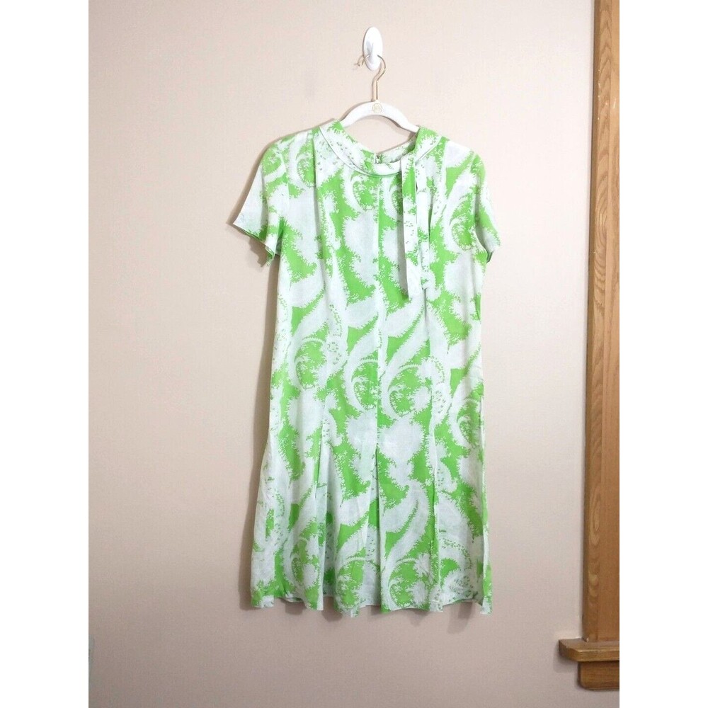 VTG Womens Paisley Midi Shift Dress 8 Green Pleated Coastal 60s 70s Cottage